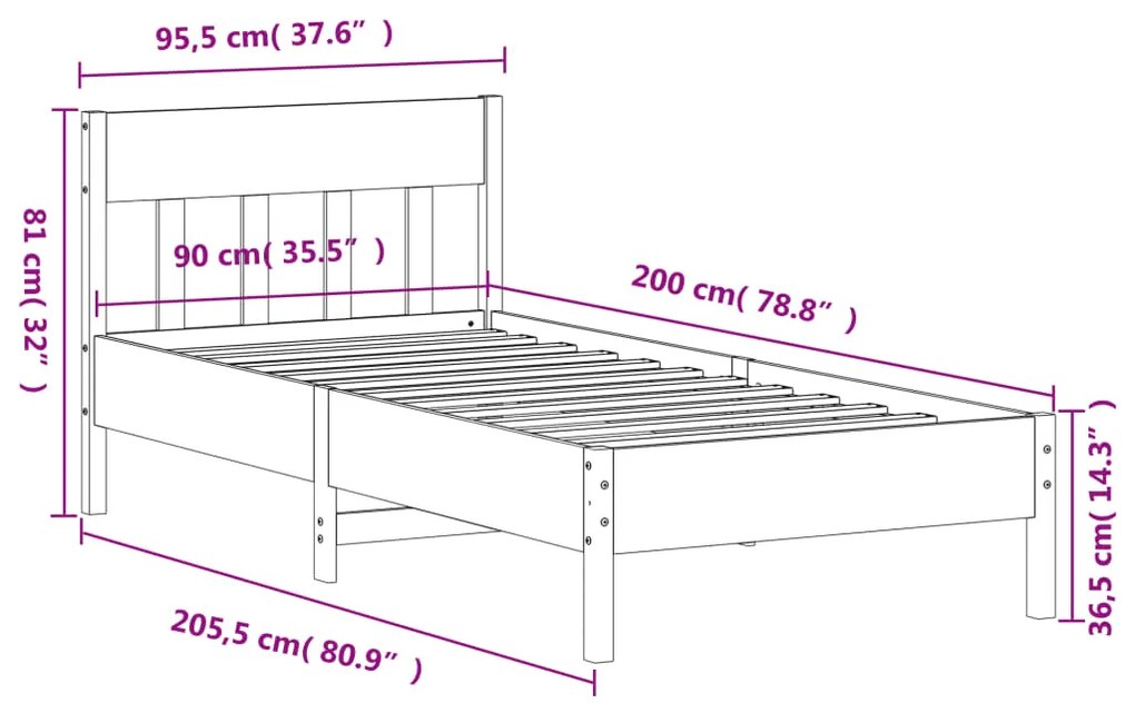 Estrutura cama c/ cabeceira 90x200 cm pinho maciço castanho-mel