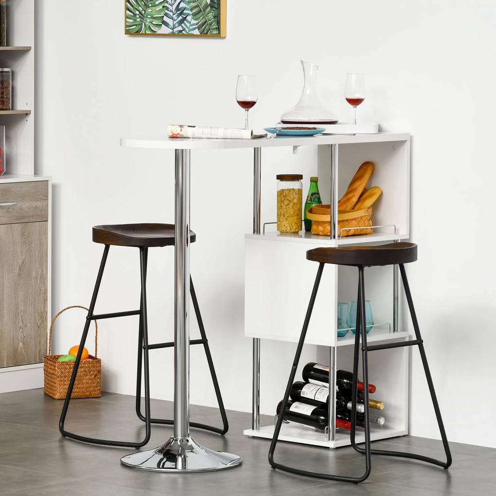 HOMCOM Mesa de bar Mesa de jantar bistrô com 3 prateleiras e suporte para vinhos Mesa de metal anti-tombamento moderna e elegante 113x40x105 cm Branco