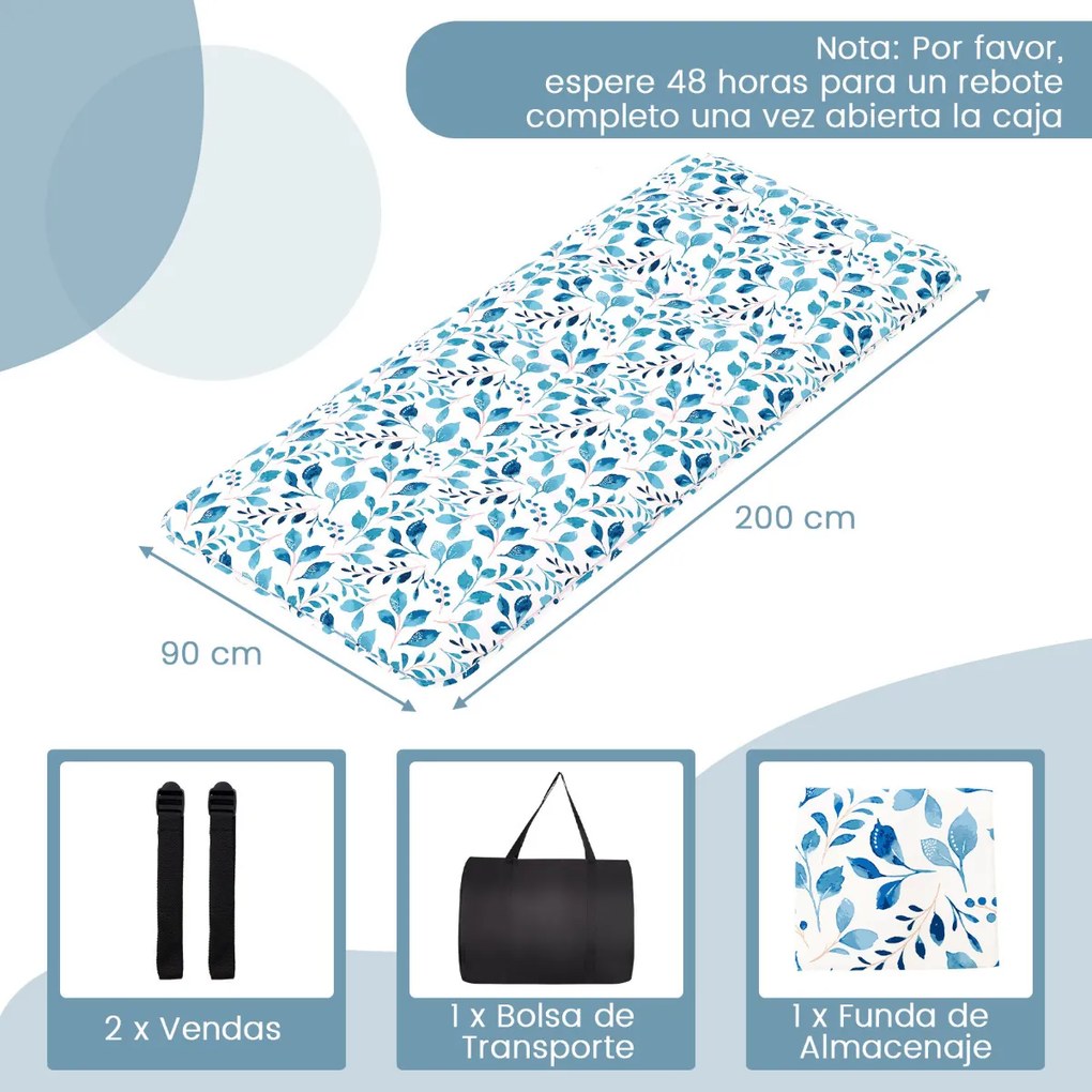 Colchão enrolável para o chão com capa lavável e com bolsa de transporte 200 x 90 x 10 cm - azul