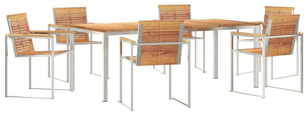 Conjunto de Jantar de Jardim 7 Peças em Madeira Sólida, Teak e Aço Ino