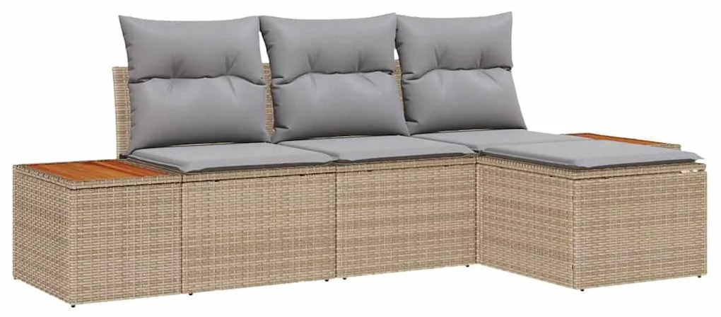 Conjunto de Sofá de Jardim com Almofadas Bege Rattan Poliéster Acácia