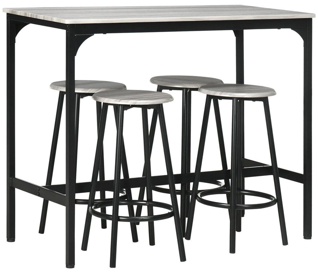 Conjunto de Móveis Altos de Bar com 5 Peças Mesa de Refeição Industrial e 4 Bancos Redondos Cinzento e Preto