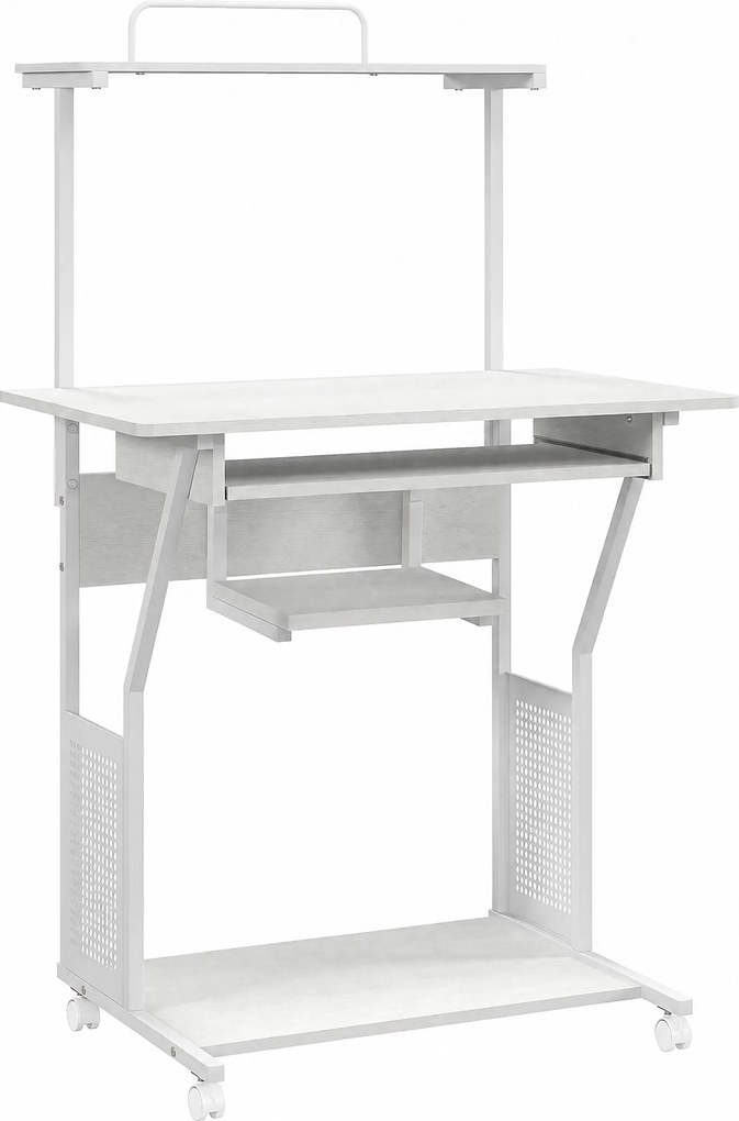 HOMCOM Secretária para Computador com Rodas, Bandeja para Teclado, Suporte para CPU e Prateleiras 80x50x130 cm Branco | Aosom Portugal