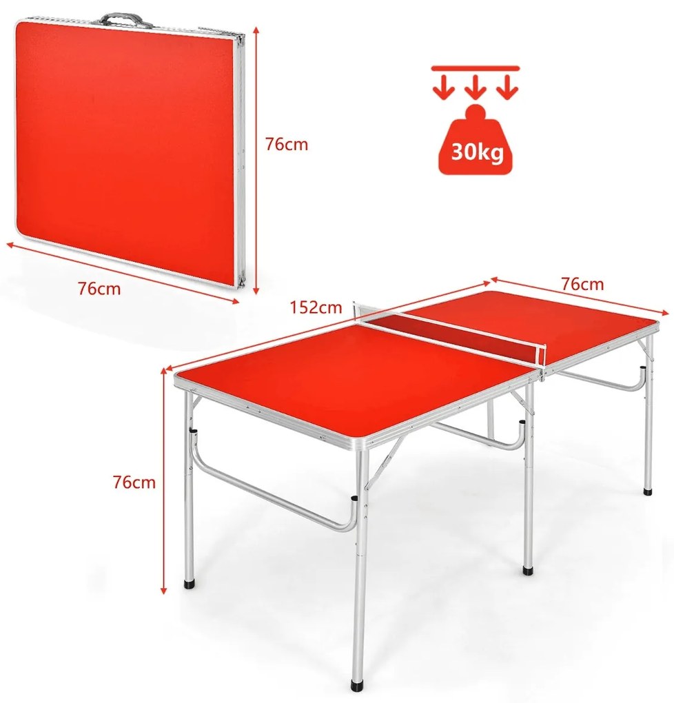Mesa PingPong Dobrável com Ténis de Rede Dobrável com 2 raquetes 2 bolas 152 x 76 x 76 cm vermelha