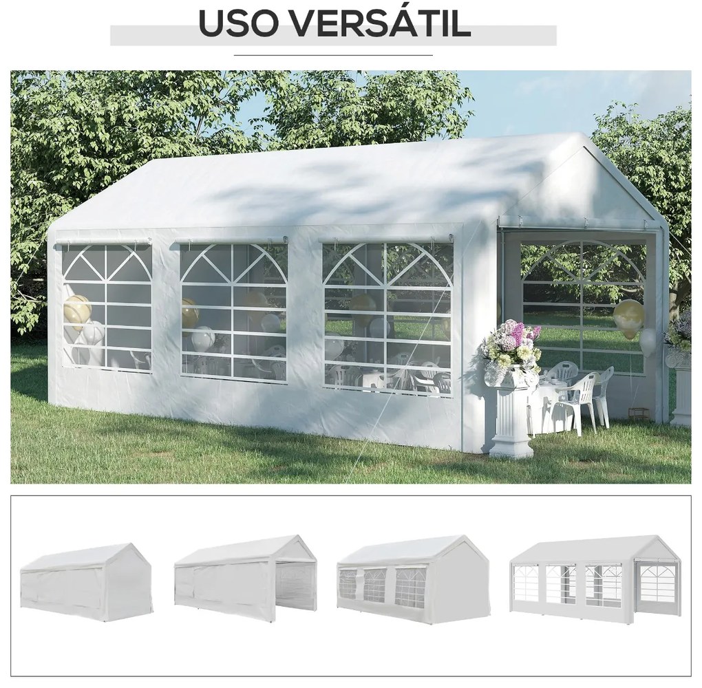 Pérgola para Jardim 6x3m Pérgola de Jardim com 4 Painéis Laterais 2 Portas Enroláveis e 6 Janelas Proteção UV para Exterior Eventos Casamentos Branco