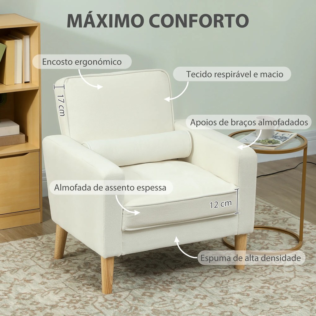 Sofá Sala de Estar Estofada em Veludo Poltrona de Leitura com Assento com Botões e Pés de Madeira 76x79x82 cm Creme