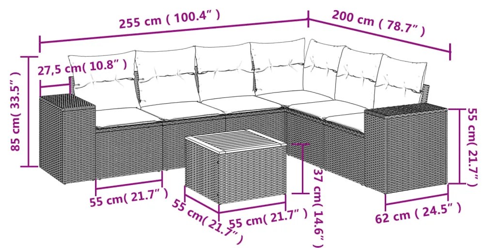 7 pcs conjunto sofás p/ jardim c/ almofadões vime PE cinzento