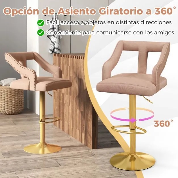 Conjunto de 2 bancos de bar giratório ajustável com apoio para os pés Base metálica tipo holandeses em veludo Rosa e dourado