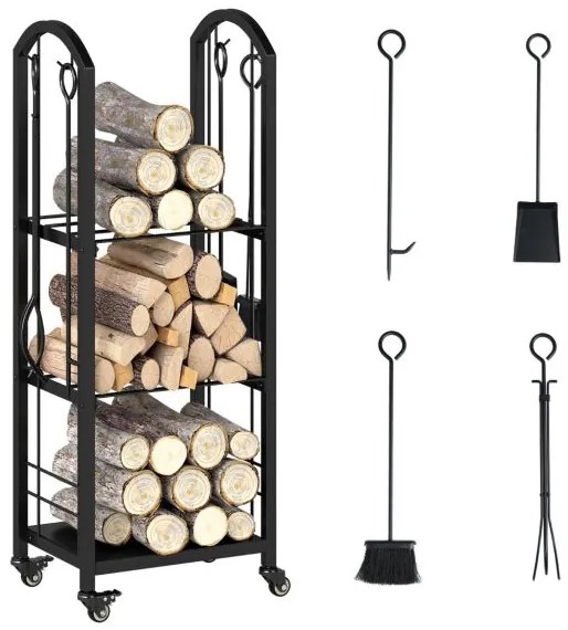 Estante para lenha 40 x 30 x 108 cm de 3 níveis com rodas e conjunto de 5 ferramentas. Inclui tenaz, atiçador, vassoura e pá para interior e exterior