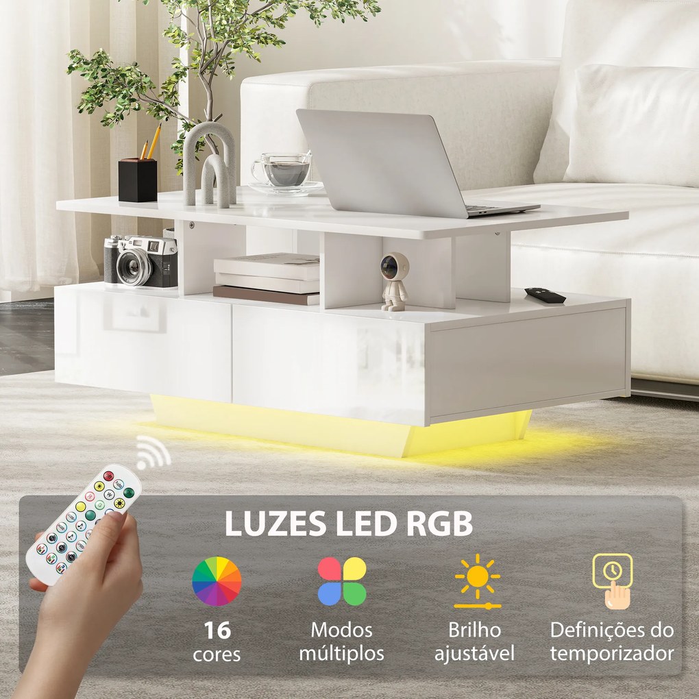 Mesa de Centro Moderna com LED 4 Gavetas Prateleira Aberta e Luzes LED de 16 Cores 90x55x41 cm Branco Brilhante