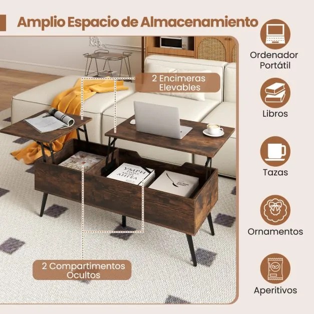 Mesa de centro moderna elevável com 2 compartimentos de armazenamento ocultos 111 x 48 x 40-53,5 cm Castanha