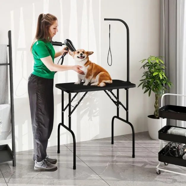 Mesa de Higiene para Animais 80,5 x 46 x 148 cm Dobrável com Braço Ajustável em Altura e Laço Superfície Antiderrapante e Impermeável Preta