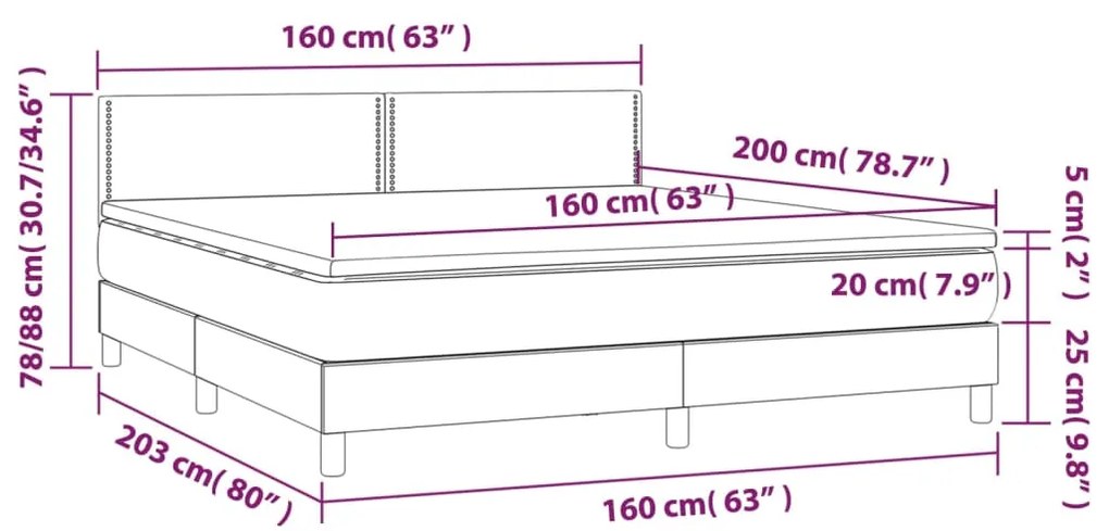 Cama box spring c/ colchão/LED 160x200cm couro artificial cinza