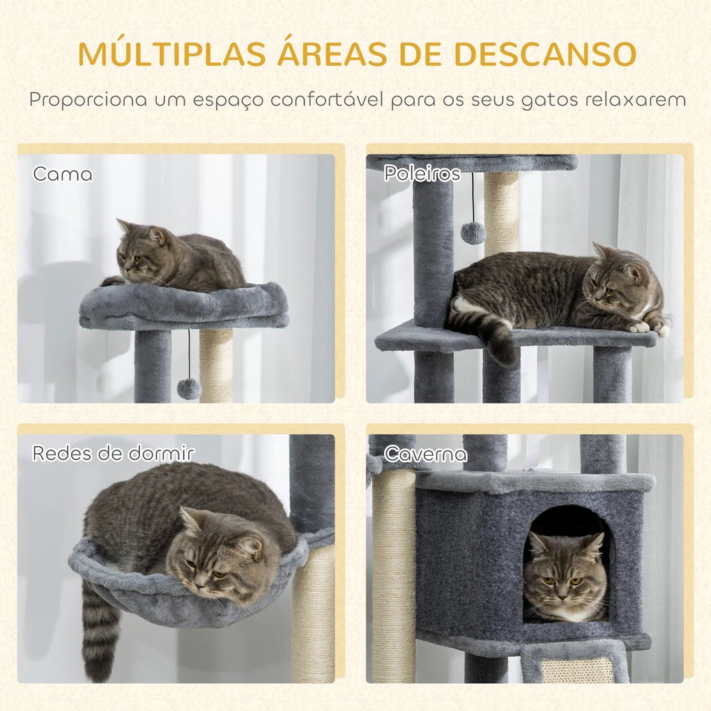 Arranhador para Gatos 127 cm com Caverna Rede Cama Plataformas Rampa de Sisal Bola Pendurada Cinza