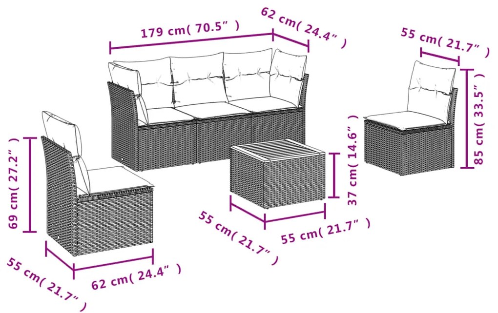 6 pcs conjunto sofás p/ jardim c/ almofadões vime PE cinzento