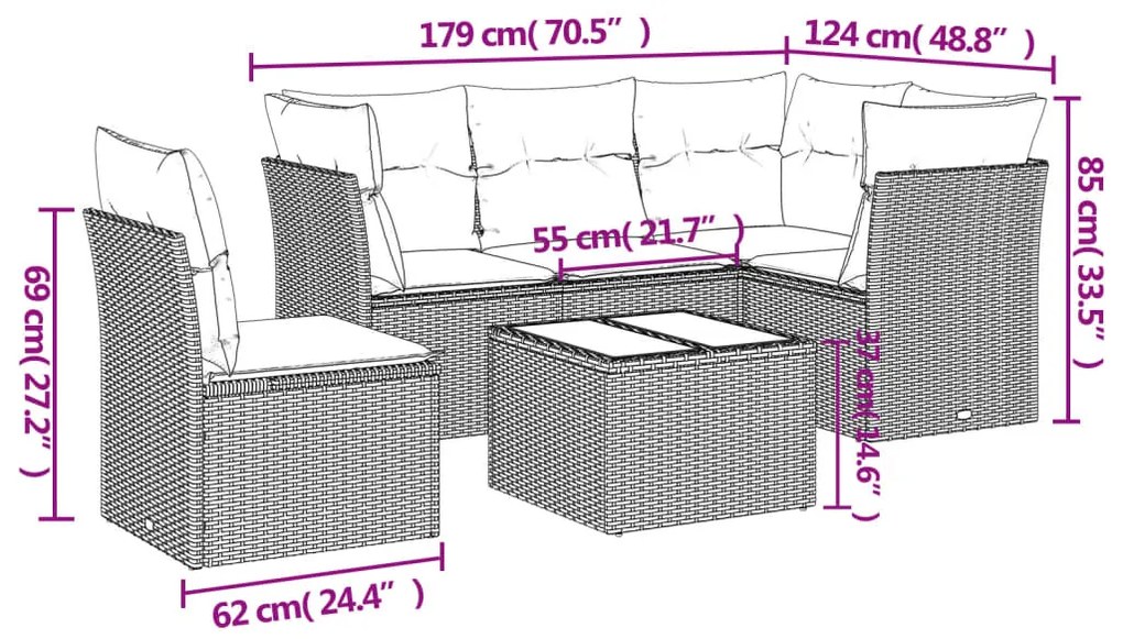 6 pcs conjunto sofás de jardim c/ almofadões vime PE preto