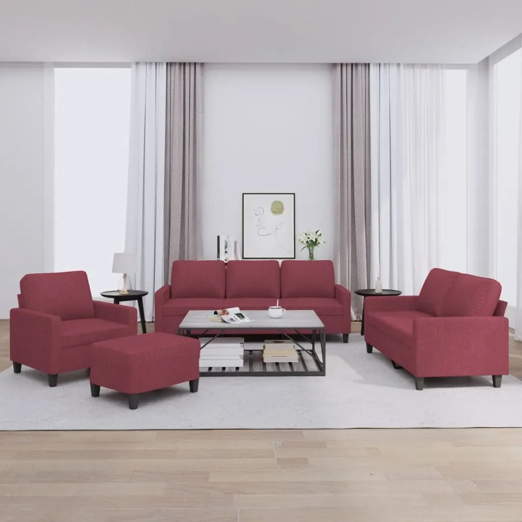 vidaXL 4 pcs conjunto de sofás com almofadões tecido vermelho tinto