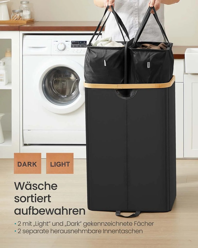 Cesto para roupa suja com dois compartimentos 52 x 38,5 x 75 cm Cinzento + Bege