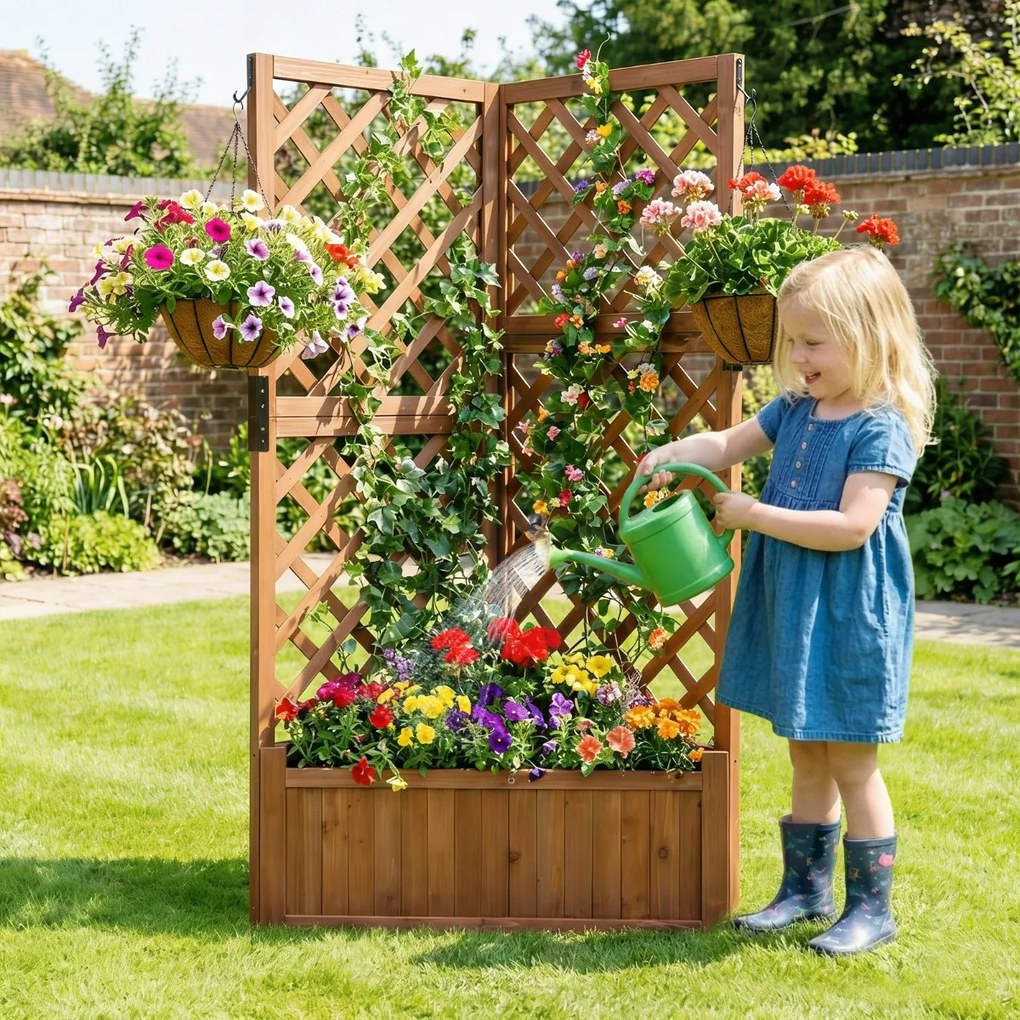 Floreira de jardim 55 x 55 x 140 cm elevada de canto com treliça para trepar com orifícios de drenagem para plantas Castanha