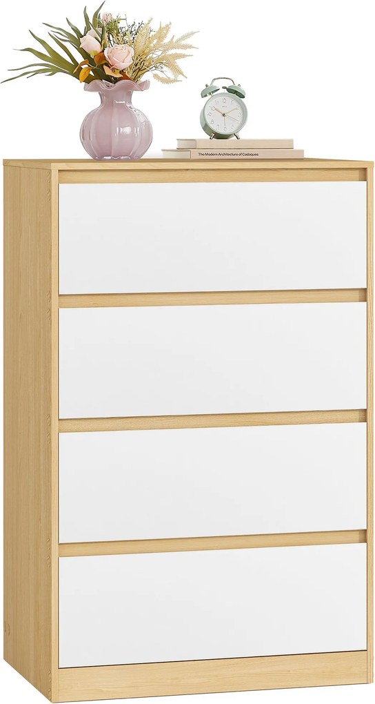 Cómoda com 4 gavetas, 60,2 x 40,4 x 97,4 cm bege carvalho e branco