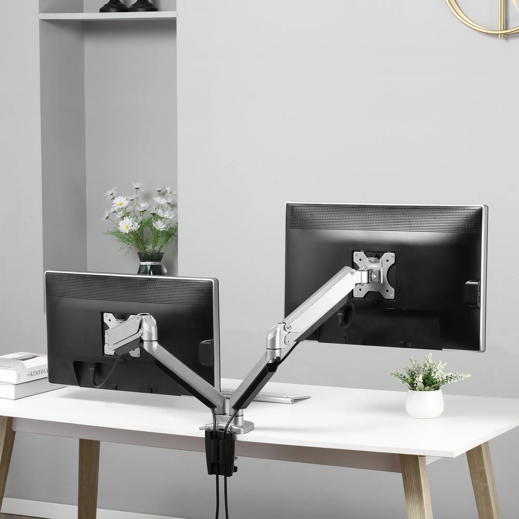 Vinsetto Suporte para Monitor Duplo para Telas LED LCD de 13"-32" Polegadas VESA 75/100mm com Braçadeira Ajustável Giratório 360° e 2 Opções de Montagem 93x11x47cm Prata