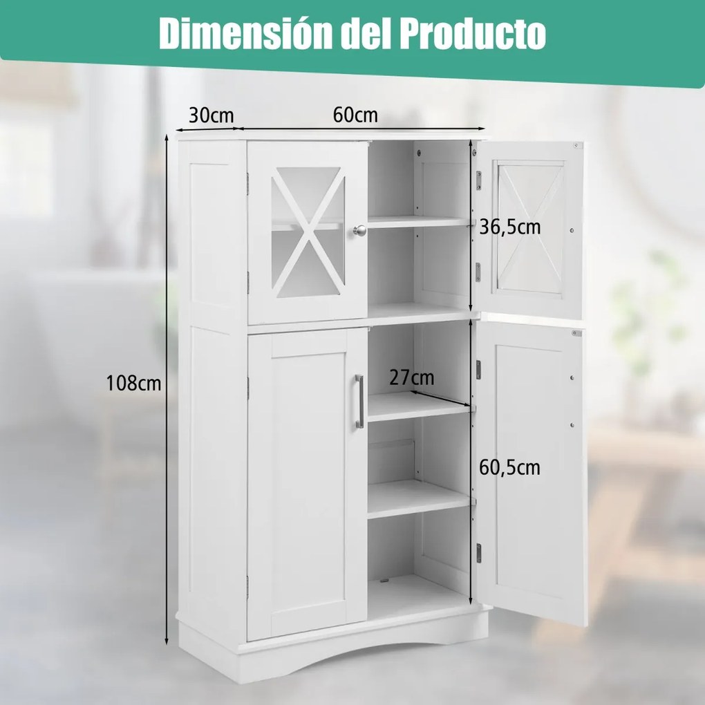 Armário de casa de banho com portas e estantes reguláveis 60 x 30 x 108 cm Branco