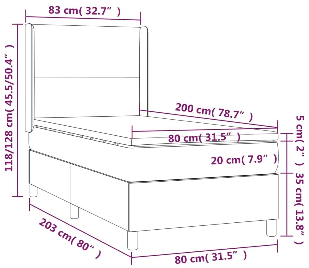 Cama box spring c/ colchão/LED 80x200cm couro artificial branco