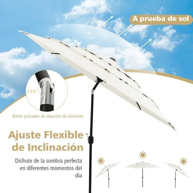 Guarda-sol jardim 3 m de 3 camadas de com ventilação dupla (BASE NÃO INCLUIDA), inclinação, botão de pressão, manivela manual e 8 varas Bege