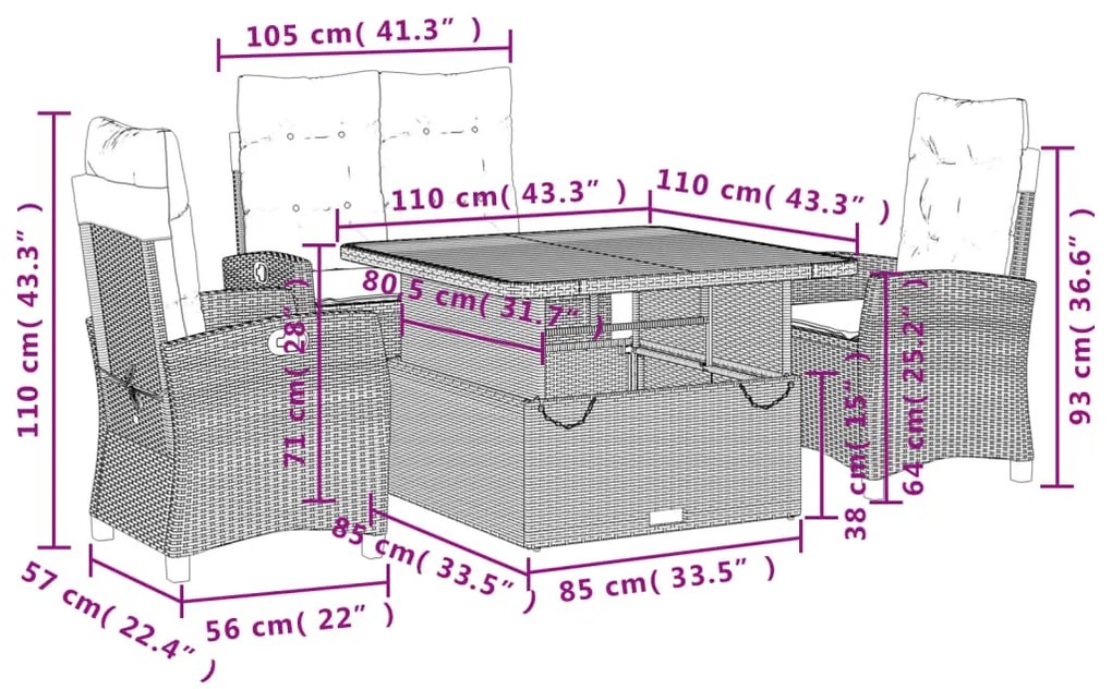 4 pcs conjunto de jardim p/ jardim c/ almofadões vime PE preto