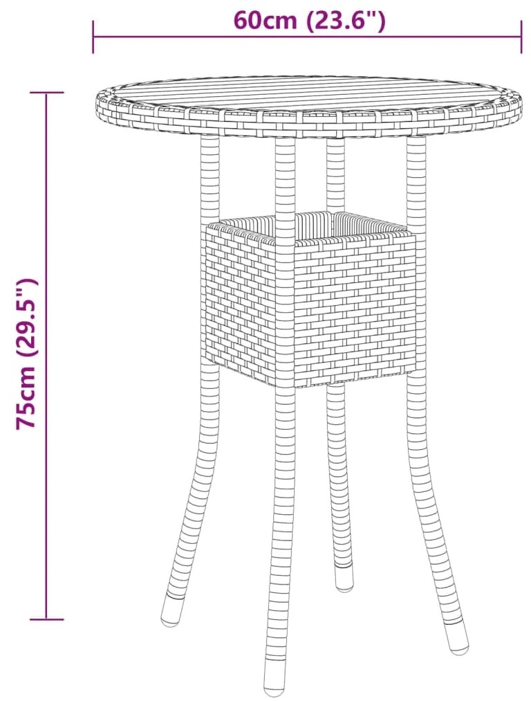 3 pcs conjunto de jantar para jardim vime PE cinzento