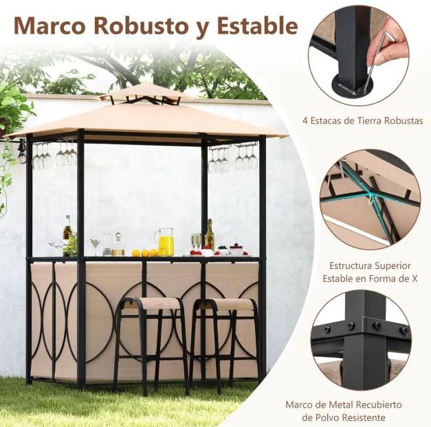 Conjunto de Pérgula para Churrasqueira ou bar 194 x 121 x 242 cm com 2 Bancos Estante Metálica de 2 Níveis com Teto Duplo Castanho