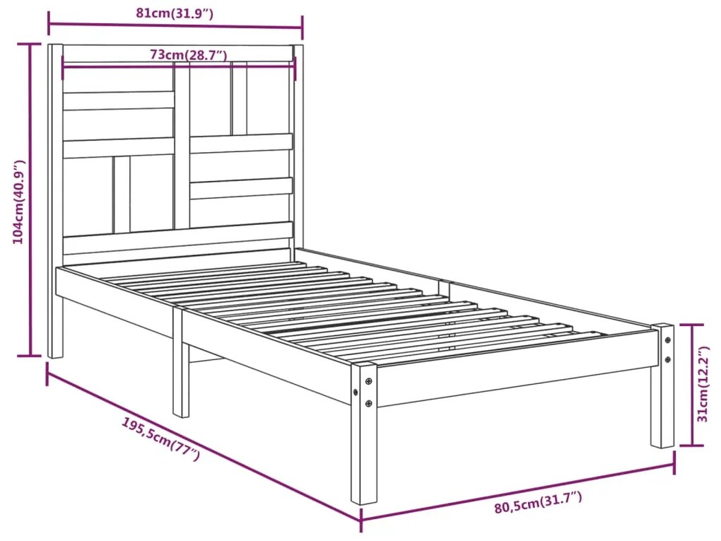 Estrutura cama pequena solteiro 75x190 cm madeira maciça branco