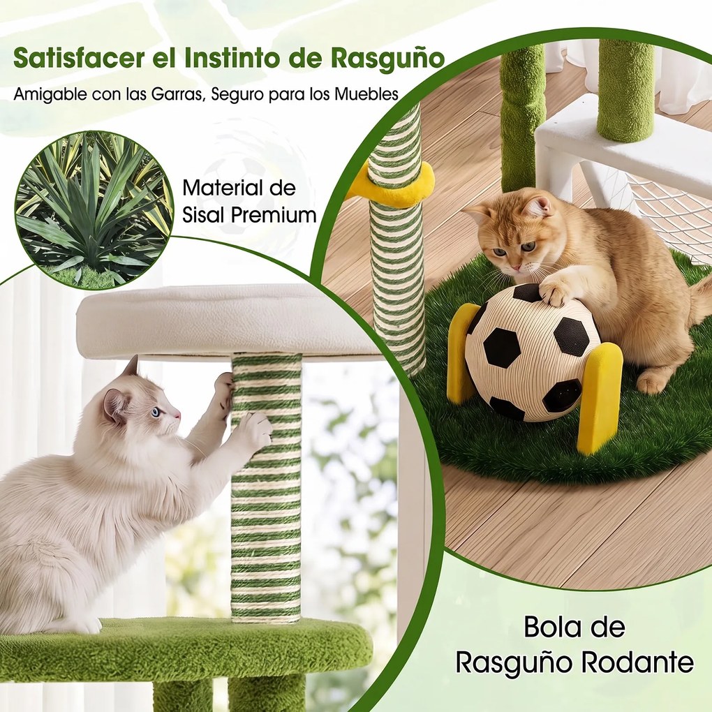 Árvore para Gatos com Design de Futebol, 60 x 50 x 100 cm, Duas Plataformas e Rede de Descanso, Multicolor