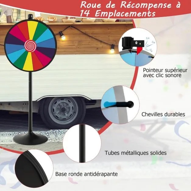 Roleta da Sorte Φ 60 cm Altura ajustável com base e 14 ranhuras personalizável Jogo com caneta apagável para festas Multicolorida