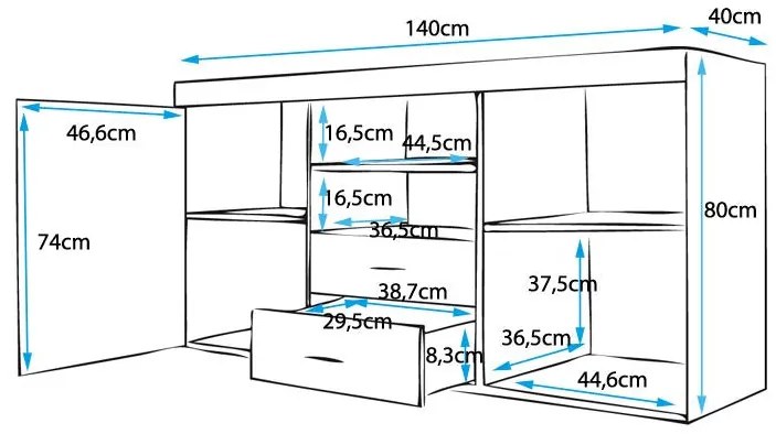 Aparador Manvy de 140cm - Branco/Preto - Design Moderno
