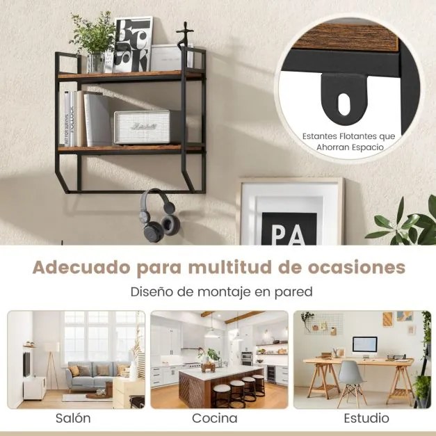 Prateleira flutuante de 2 níveis com toalheiro com estrutura metálica para parede de sala, cozinha e casa de banho 59 x 20 x 58 cm Castanho