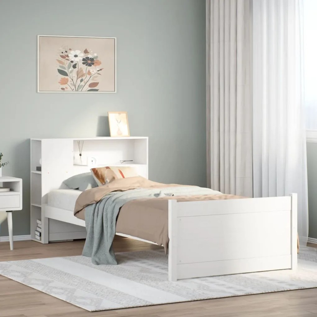 vidaXL Cama com estante sem colchão 90x200 cm pinho maciço branco