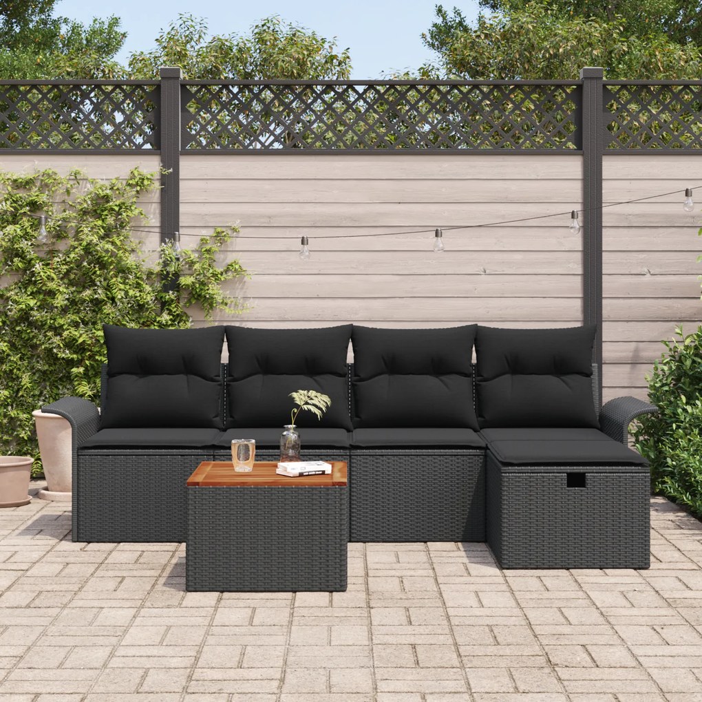 Conjunto de Sofá de Jardim com 6 Peças e Almofadas Preto Poliratan