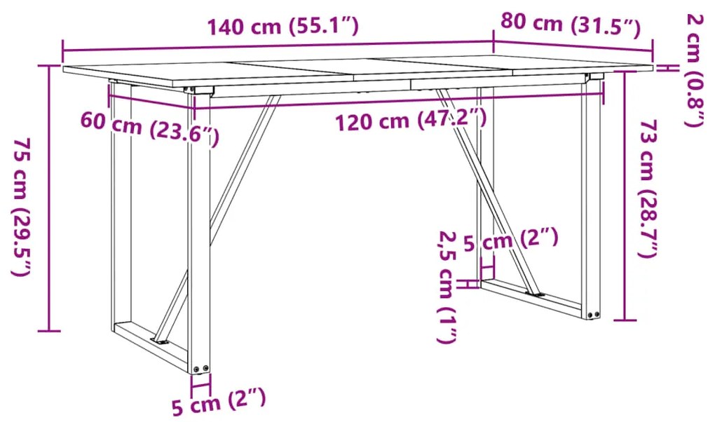 Mesa de jantar estrutura em O 140x80x75cm pinho e aço