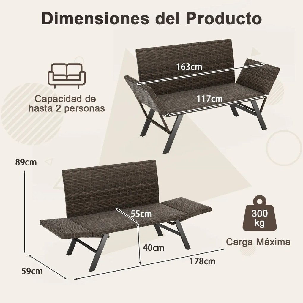 Banco de rattan de 2 lugares de secagem rápida com apoios de braços ajustáveis com estrutura metálica Cor Rattan misto