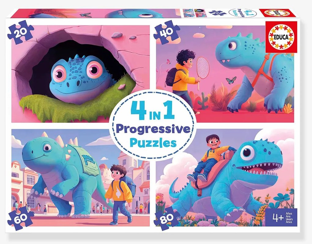 Puzzle 4 em 1 progressivo dinossauros simpáticos Educa multicolor
