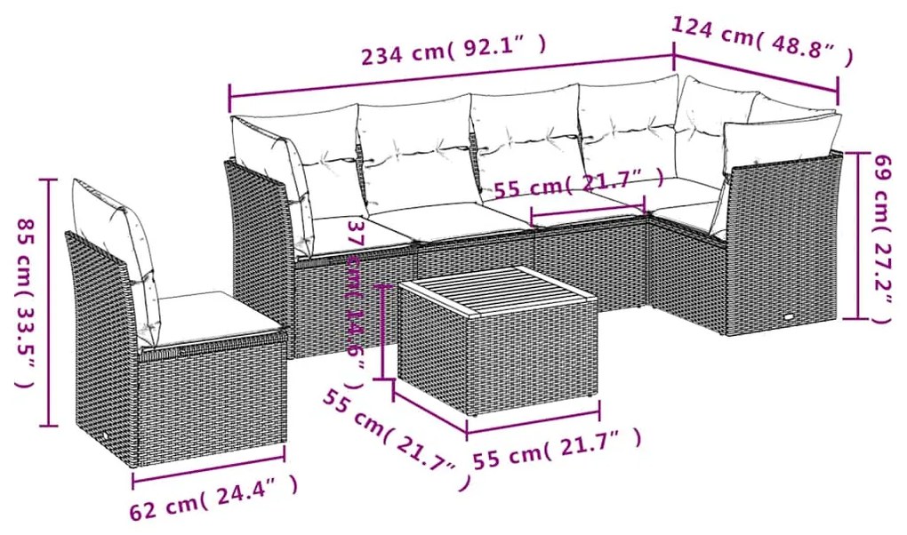 7 pcs conjunto sofás p/ jardim c/ almofadões vime PE cinzento