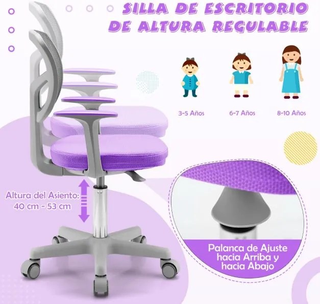 Cadeira de secretária ergonómica para crianças com rodas Apoio lombar ajustável em altura púrpura