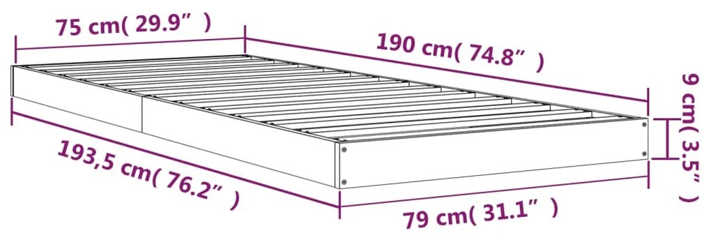 Estrutura cama de solteiro pequena 75x190cm pinho maciço branco