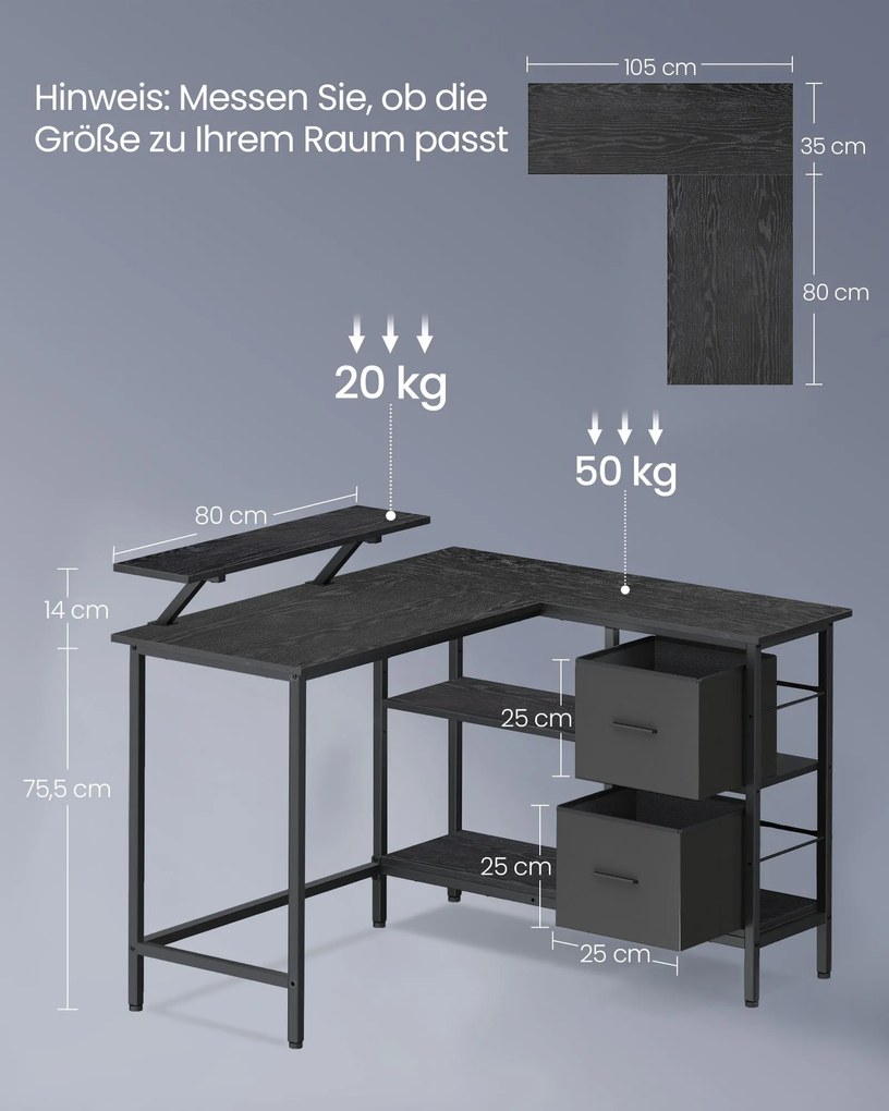 Secretária em forma de L com suporte para monitor e prateleira 115 x 105 cm Preto