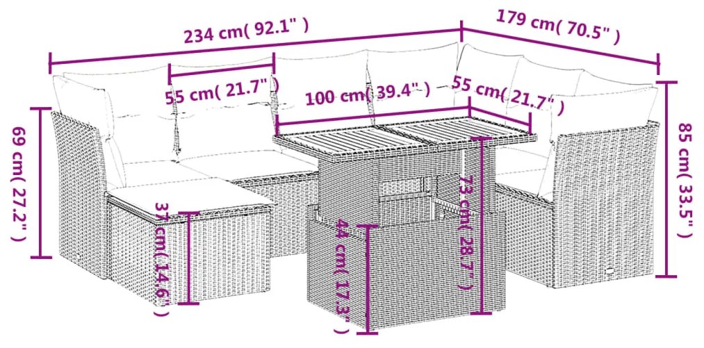 8 pcs conjunto de sofás p/ jardim com almofadões vime PE bege