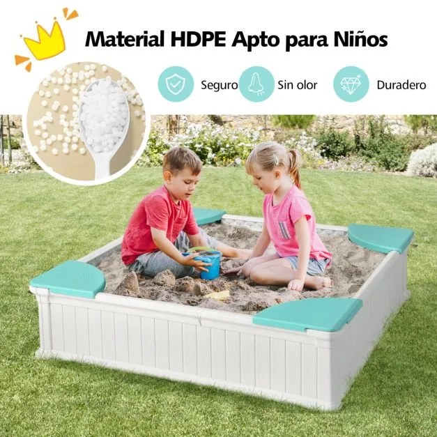 Caixa de areia com cobertura impermeável em HDPE com 4 assentos nos cantos, revestimento inferior e cobertura protetora, branca