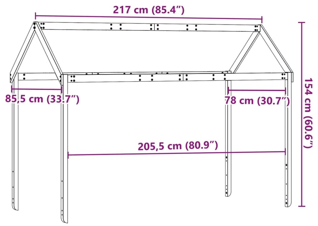 Telhado de cama infantil 217x85,5x154 cm madeira pinho maciça