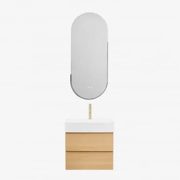 Conjunto De Móvel De Casa De Banho Em Madeira E Chapa De Freixo Com Lavatório Integrado Ona Madeira Natural & Ovalado Led E - Sklum