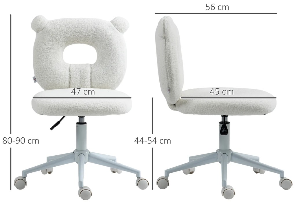 Cadeira de Secretária de Carneirinho Cadeira Infantil Giratória com Encosto em Forma de Urso 50x56x80-90 cm Branco